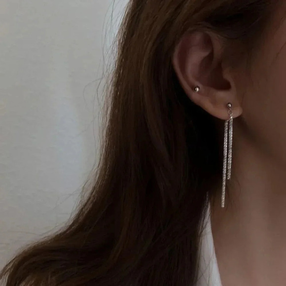 925 Sterling Silver Sequin Shiny Long Tassel Drop Earrings - Picture 3 of 4